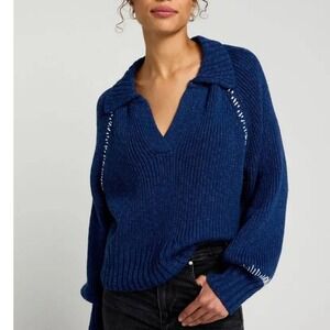Hudson Johnny Collar Sweater Blue Knit Pullover‎ Long Sleeve Chunky V-Neck Sz S